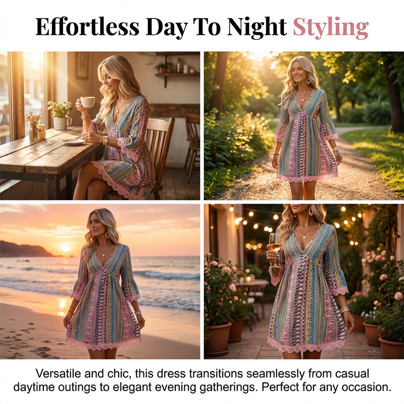 Women's V-Neck Mini Dress with Geometric Print & Lace Trim - Perfect for Vacations