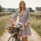 Women's V-Neck Mini Dress with Geometric Print & Lace Trim - Perfect for Vacations