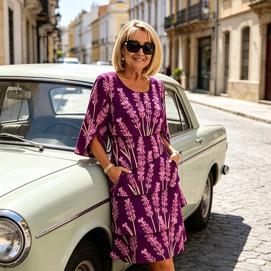 👗 Tiered Midi Dress – Floral Pattern, Split Sleeves, Flowy, Elegant 🌸