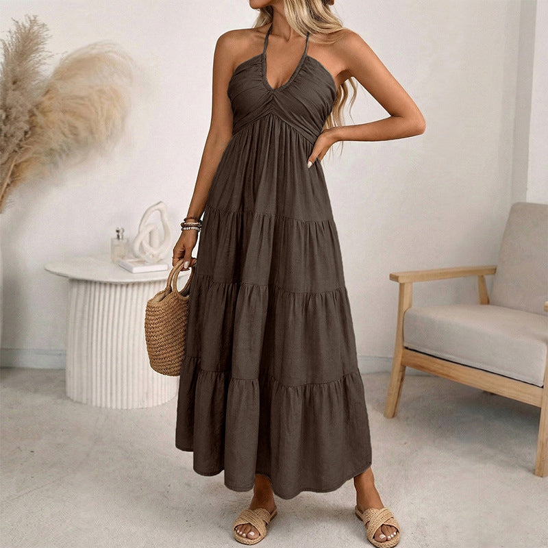 💛Women's Halter Neck Backless Tiered Maxi Dress🌊