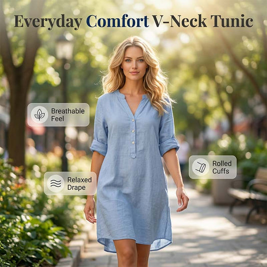 Women's Casual V-Neck Button Down Tunic Dress