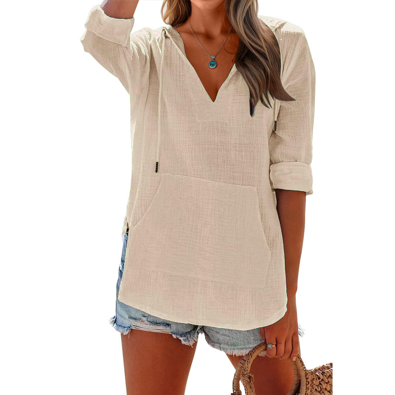 Women's Solid V-Neck Long Sleeve Hooded Top with Pocket