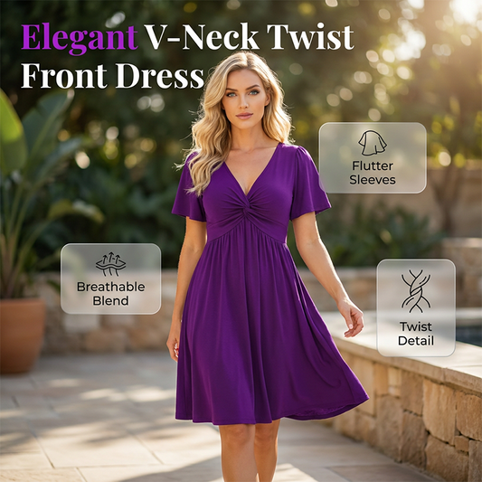👗 V-Neck Twist Front Dress – Pockets, Flowy, Versatile ✨