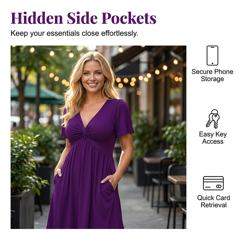 👗 V-Neck Twist Front Dress – Pockets, Flowy, Versatile ✨