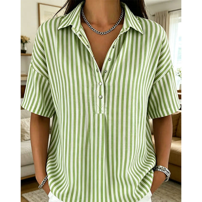 👚 Women's Casual Striped Short-Sleeve Shirt – Relaxed Fit & V-Neck – Summer Essential 🛍️
