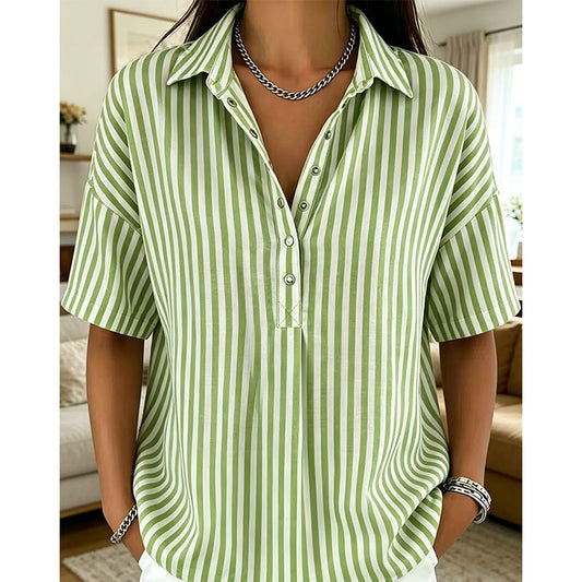 👚 Women's Casual Striped Short-Sleeve Shirt – Relaxed Fit & V-Neck – Summer Essential 🛍️