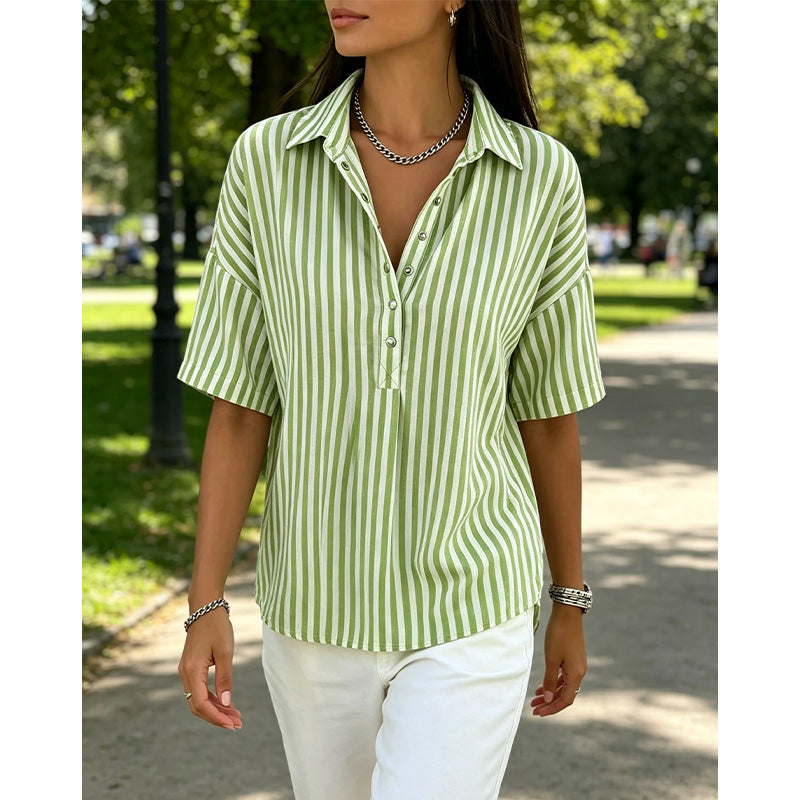 👚 Women's Casual Striped Short-Sleeve Shirt – Relaxed Fit & V-Neck – Summer Essential 🛍️