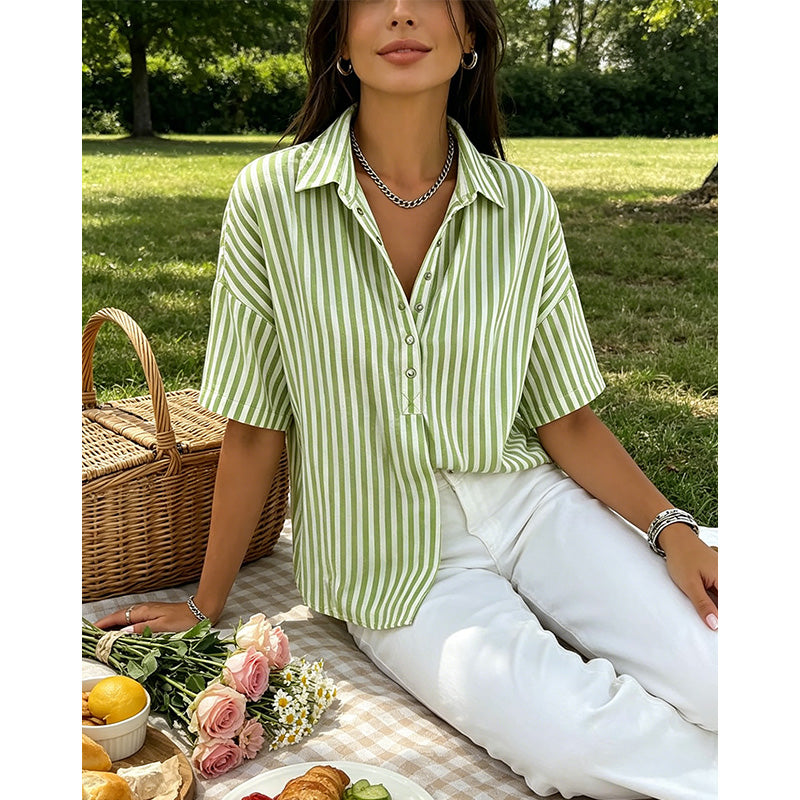 👚 Women's Casual Striped Short-Sleeve Shirt – Relaxed Fit & V-Neck – Summer Essential 🛍️