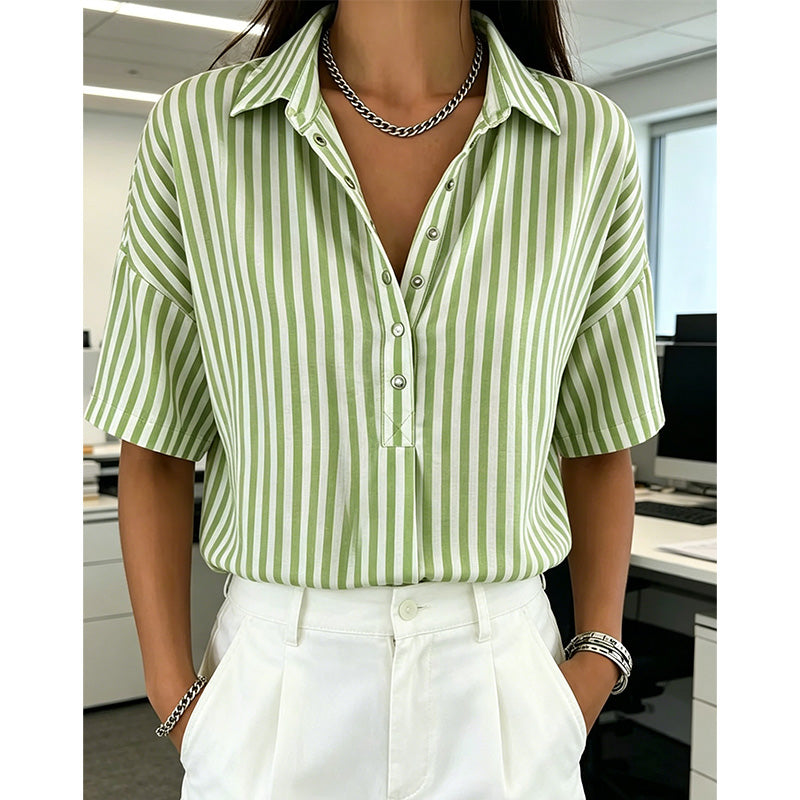 👚 Women's Casual Striped Short-Sleeve Shirt – Relaxed Fit & V-Neck – Summer Essential 🛍️