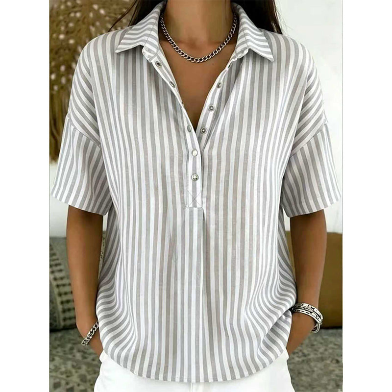 👚 Women's Casual Striped Short-Sleeve Shirt – Relaxed Fit & V-Neck – Summer Essential 🛍️