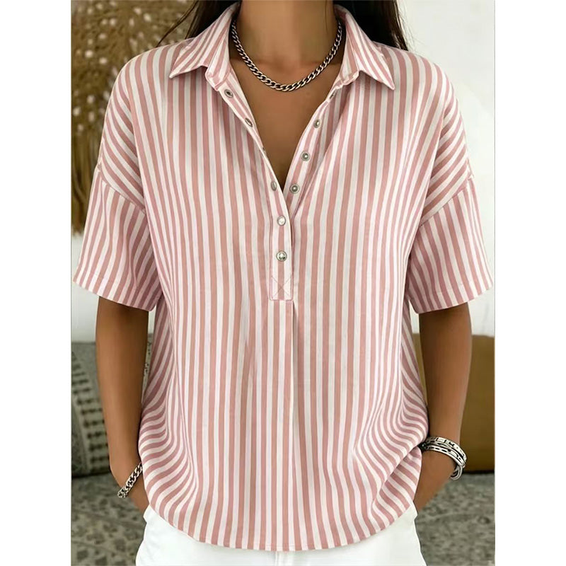 👚 Women's Casual Striped Short-Sleeve Shirt – Relaxed Fit & V-Neck – Summer Essential 🛍️