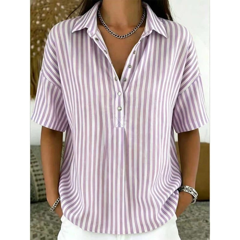 👚 Women's Casual Striped Short-Sleeve Shirt – Relaxed Fit & V-Neck – Summer Essential 🛍️