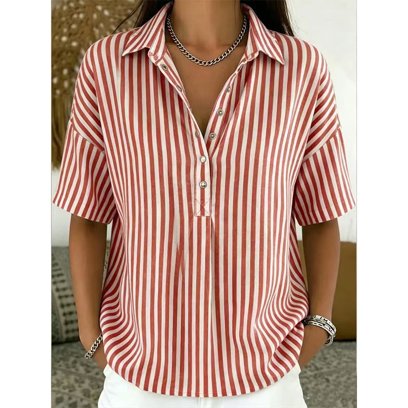 👚 Women's Casual Striped Short-Sleeve Shirt – Relaxed Fit & V-Neck – Summer Essential 🛍️