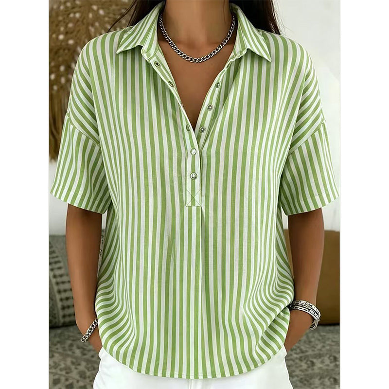 👚 Women's Casual Striped Short-Sleeve Shirt – Relaxed Fit & V-Neck – Summer Essential 🛍️