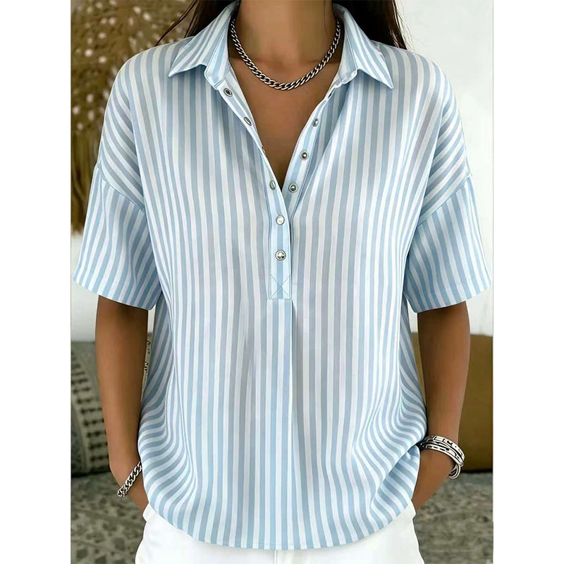 👚 Women's Casual Striped Short-Sleeve Shirt – Relaxed Fit & V-Neck – Summer Essential 🛍️