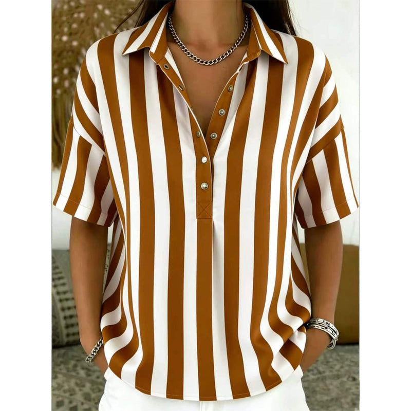 👚 Women's Casual Striped Short-Sleeve Shirt – Relaxed Fit & V-Neck – Summer Essential 🛍️