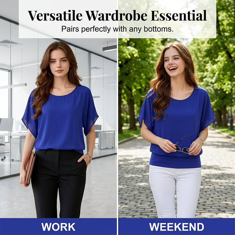 👚✨ Women's Premium Blend Fitted Blouse – Elegant Batwing Sleeve Banded Hem Tunic Top