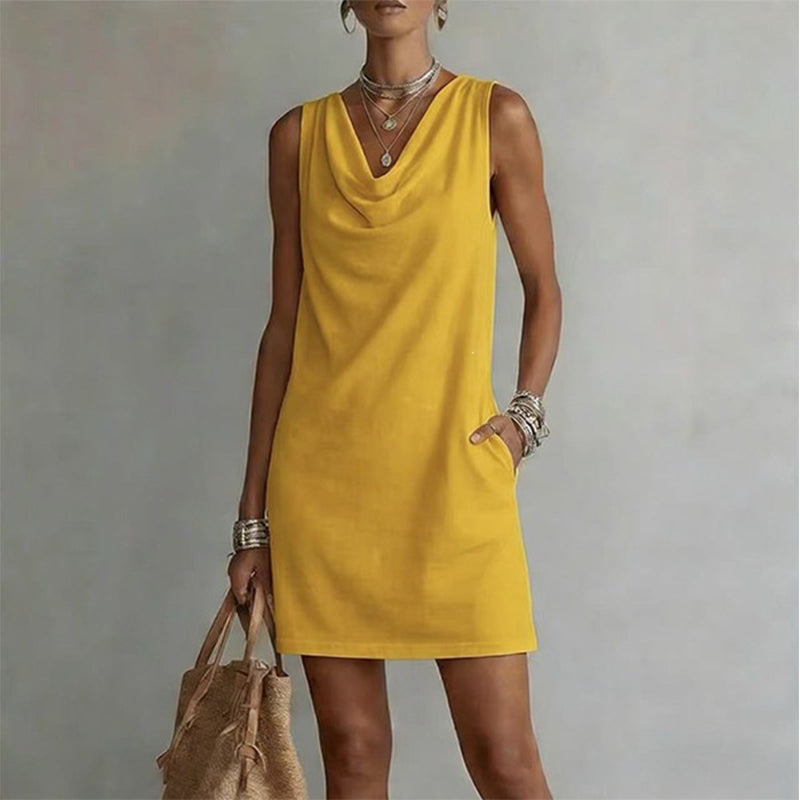 👗 Elegant Slim Fit Cowl Neck Dress – Sleeveless, Side Pockets, Versatile ✨