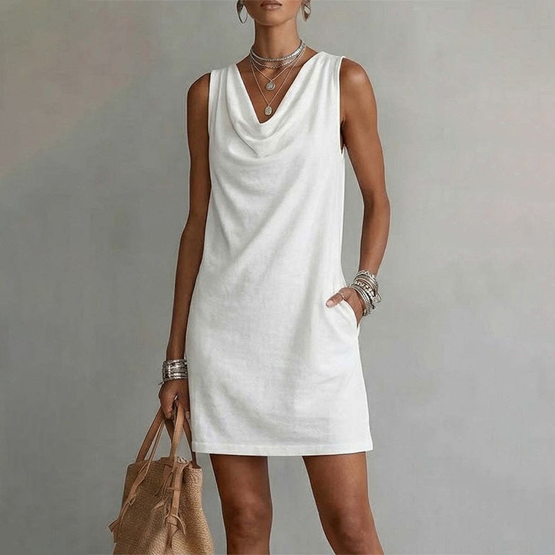 👗 Elegant Slim Fit Cowl Neck Dress – Sleeveless, Side Pockets, Versatile ✨