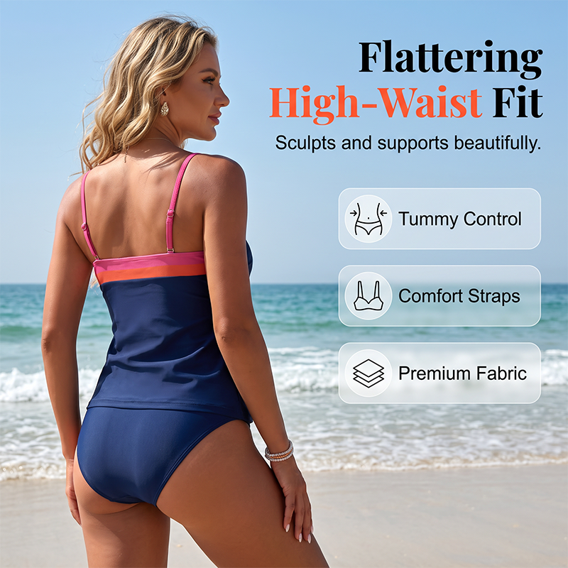 Women Two-Piece Tankini Color Block Conservative Swimsuit Set 👙