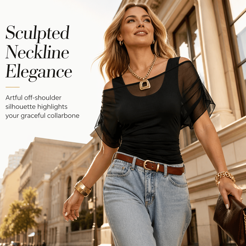 Women Off-Shoulder Mesh Patchwork Top