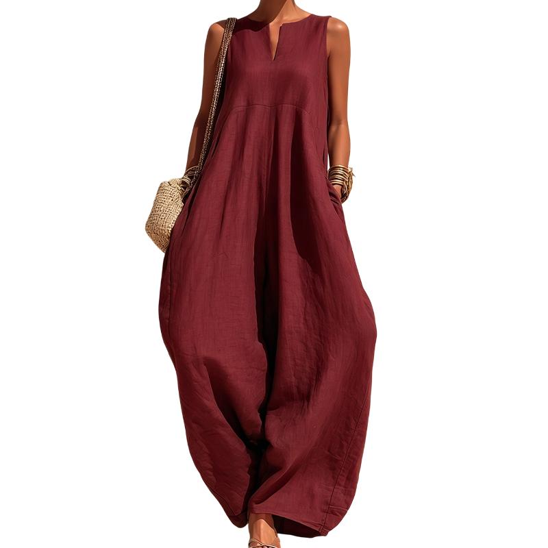 Women's Sleeveless V-Neck Wide-Leg Jumpsuit with Pockets
