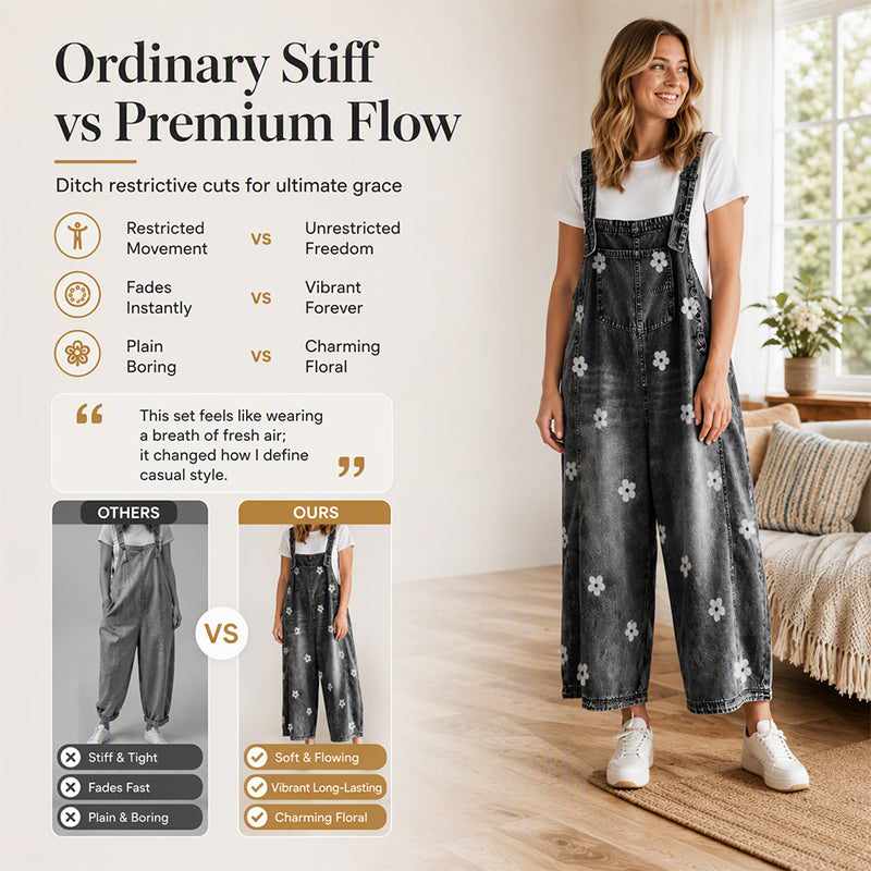 Women's Floral Print Loose-Fit Denim Overalls