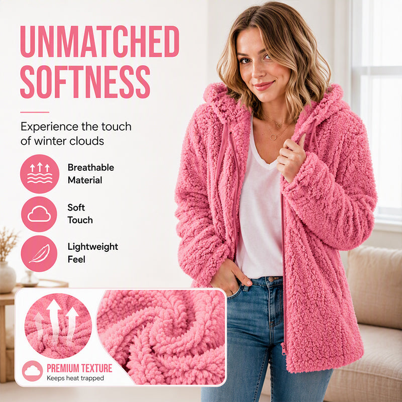 🍂🧥Women's Cozy Fuzzy Hooded Jacket – Soft Zip-Up Outerwear for Everyday Warmth